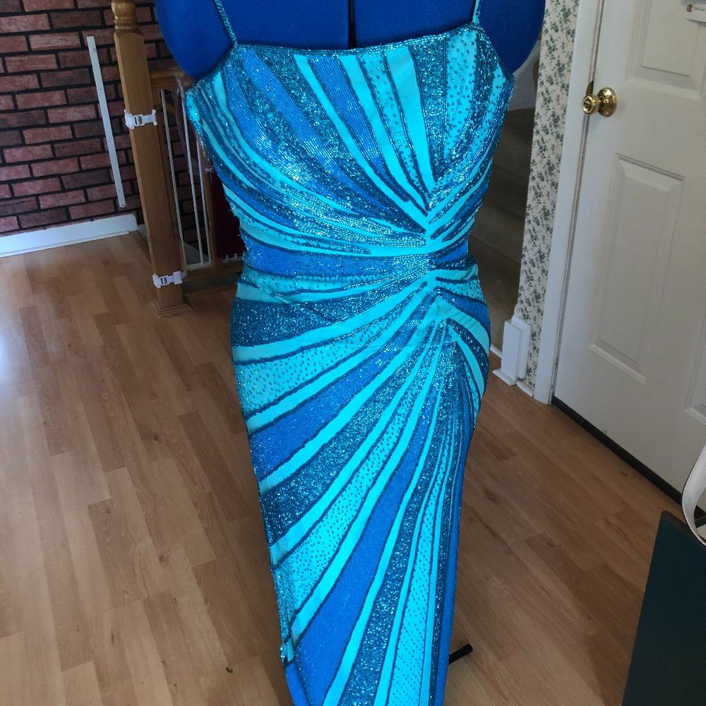 Turquoise Beaded, Backless, Full Length Gown